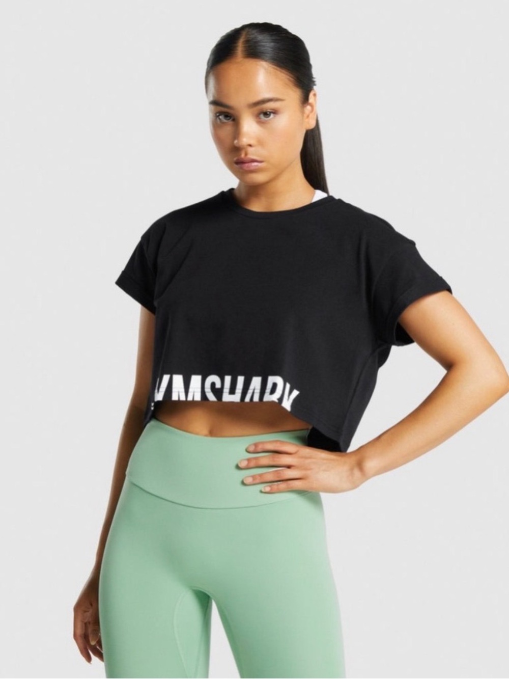 Set of 2 Gymshark Cropped Logo Tees with White Print, black and grey